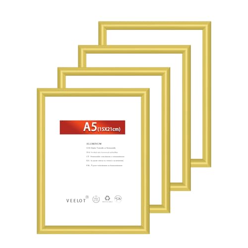 Veelot® 4x Bilderrahmen DIN A5 14,8x21cm | Metall Aluminium,Gold mat,Zertifikatsrahmen 15x21cm mit bruchsicherem Acrylglas | Zur Wandmontage oder Tischmontage von Veelot