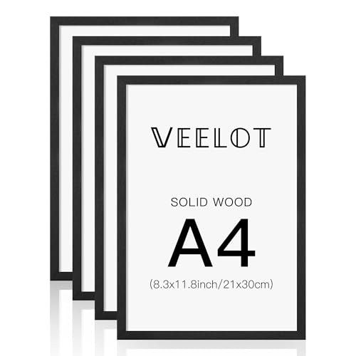 Veelot A4 Fotorahmen schwarz Massivholz Fotorahmen 4er Set mit HD Ple-xiglas für Galerie Urkunde Dokument Heimdekoration (21x30cm) von Veelot