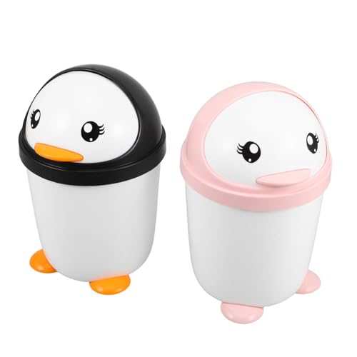 Veemoon 2 Stück Mini Tischmülleimer mit Deckel Süßer Pinguin Abfallbehälter für Schreibtisch Auto und Küchen Praktischer Abfallorganisator aus Kunststoff für Kleine Räume von Veemoon