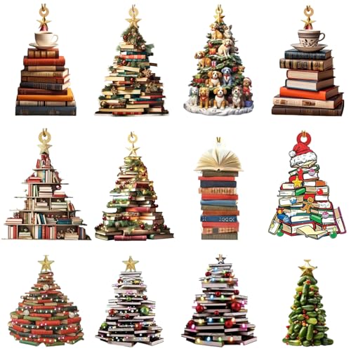 12pcs Buchbaum Weihnachtsschmuck 3 Zoll Acryl 2D Buchbaumschmuck gestapelt Kleine Buch Ornament Weihnachtsbaumdekorationen für Innen- und Außen -Weihnachtsbaumdekoration von Veesper