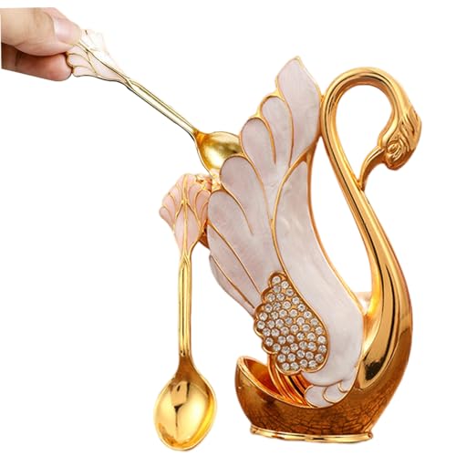 Kaffeelöffel Halter dekorative Schwan -Basishalter mit 6 Dessertlöffel Set Metall Schwan Basishalter Löffel Organizer Flätswasser Gold Gold von Veesper