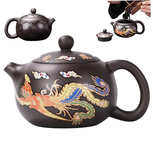 Keramik -Teekanne Drache und Phoenix Chinesische Teekannenfarbe Kung Fu Tea Pot mit Griff und Infuser 250 ml breiter Mund Mund Traditioneller Keramik -Tee -Tee -Geschenk, Schaumstoffverpackung von Veesper