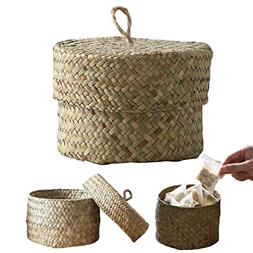 Kleine Seegras -Aufbewahrungskörbe mit Deckel Strohrohrbox mit Griff Wicker Basket Home Organization Wicker Basket mit Deckel Wicker Storage Körbe mit Deckel für Snack, Keys Desktop Decor von Veesper