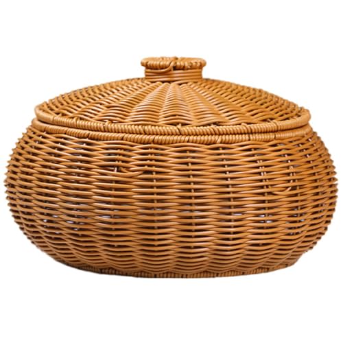 Veesper Rattankorb mit Deckel rund umfangreicher Kapazität Brotkorb gewebt waschbarer Rattan Storage Korb Pastoral Mehrzweck Rattankörbe für Eiertee Snacks Obstkosmetik von Veesper