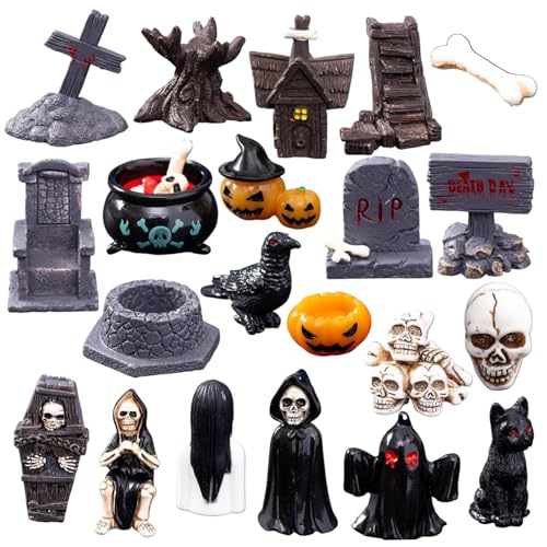 Veesper 21pcs Halloween Miniaturen, Harz Mini Halloween -Figuren, Horrorschädelköpfe Krähe Grabstein -Szene Halloween Village Accessoires für Halloween Party. von Veesper