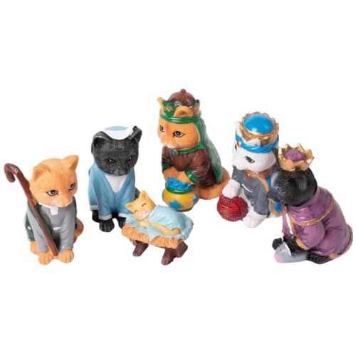 Veesper 6PCS -Katzen -Krippenszene Set, Simulation Katzen -Krippe Szene Lustige Halloween Ornament Nativity Szene Harz Skulptur Krippe für Sammlerstücke Dekoration von Veesper