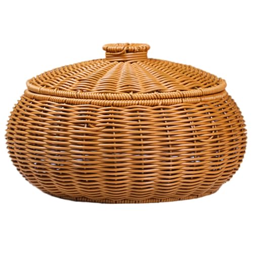 Veesper Rattankorb mit Deckel rund um die große Kapazität gewebte Waschmaschine Rattan Storage Korb Pastoral Mehrzweck Rattan Körbe Deckel mit Eiertee Snacks Früchte Kosmetik von Veesper