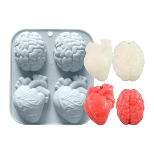Menschenherz Silikonform | 4-Fach Realistische 3D Gehirn Herz Kerzen Gussformen,Halloween Partyzubehör Antihaft Bastelwerkzeug Für Seife Ton von Veeteah