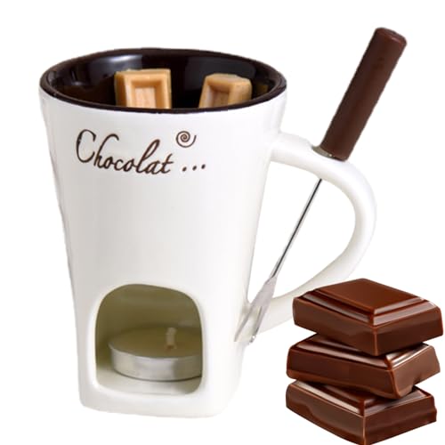 Veeteah Schokoladen-Fondue-Becher-Set, Persönlicher Fondue-Becher Aus Milchschokolade, Kerzenbeheizter Keramikschmelzer, Schokoladen-Käse-Fondue-Topf-Set Mit Edelstahlgabeln Für Käse, Schokoladeneis von Veeteah