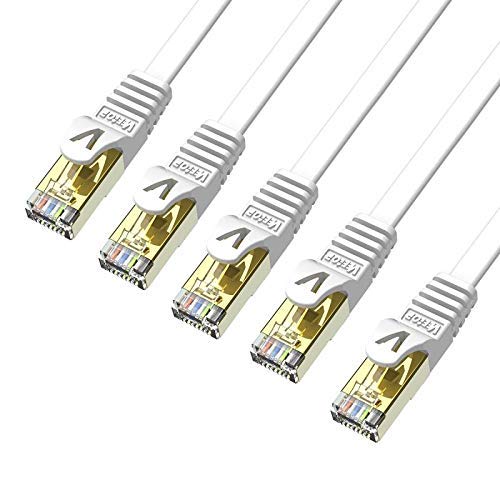 Veetop Cat 7 Lan kabel flach 10Gbps Netzwerkkabel Internet Ethernet Patch mit vergoldetem RJ45 (1m x 5 Stück, Weiß) von Veetop
