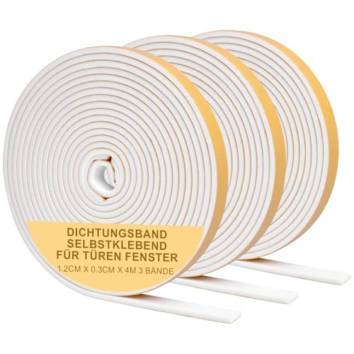 Vefhby Dichtungsband Selbstklebend für Türen Fenster,Türdichtung Selbstklebendes Fensterdichtung Gummi-dichtungsstreifen Schalldämmung Kollision Siegel (12mmx3mmx4m, 3Rolle) von Vefhby