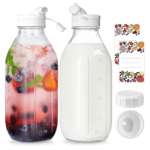 2er Set Milchflaschen, 1L Glasflaschen, Glas-Milchflaschen mit Ausgießer, Milchbehälter für Kühlschrank, Flaschen Vorratsglas, Saftflaschen mit 2 Skalenmarkierung von Veftsvy