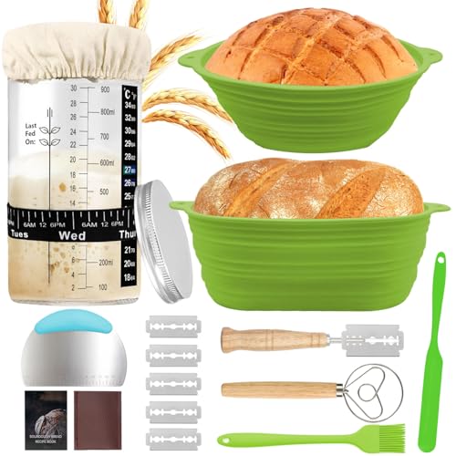 Gärkorb Set, Sauerteig Starter Set, 2er Silikon Gärkörbchen (9" Rund & 10" Oval) - Brotback-Zubehör, 1000ml Gärglas, Spatel, Öl-Pinsel, Teigschneider, Dänischer Teigbesen (Grün) von Veftsvy
