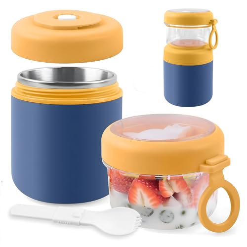 Veftsvy Großer Edelstahl Müslibecher to Go, Joghurtbecher to Go Mit Löffel, 530ml+330ml Tragbarer Auslaufsicherer Müslibecher Geeignet für Frühstück Arbeit Picknick (Blau) von Veftsvy