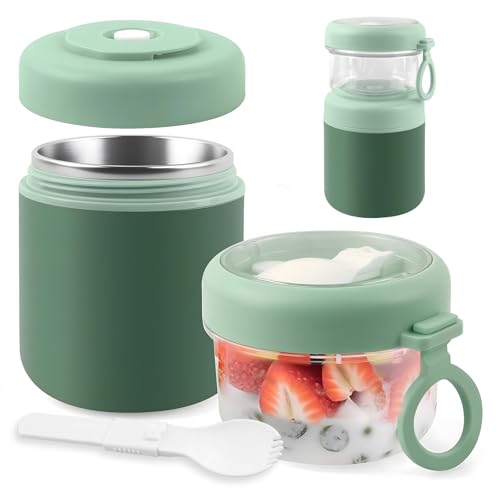 Veftsvy Großer Edelstahl Müslibecher to Go, Joghurtbecher to Go Mit Löffel, 530ml+330ml Tragbarer Auslaufsicherer Müslibecher Geeignet für Frühstück Arbeit Picknick (Grün) von Veftsvy