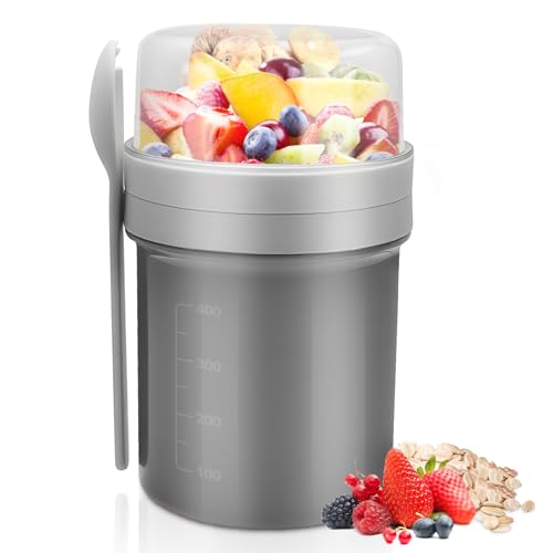 Veftsvy Müslibecher to Go 450ml+250ml, Joghurtbecher to Go mit Löffel, Müsli Cup to Go Becher, Auslaufsicherer Müslibecher Müsli Cup to Go, Joghurt Box to Go Becher für Kinder & Erwachsene (Grau) von Veftsvy