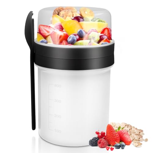 Veftsvy Müslibecher to Go 450ml+250ml, Joghurtbecher to Go mit Löffel, Müsli Cup to Go Becher, Auslaufsicherer Müslibecher Müsli Cup to Go, Joghurt Box to Go Becher für Kinder & Erwachsene (Weiß) von Veftsvy