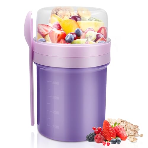 Veftsvy Müslibecher to Go 450ml+250ml, Joghurtbecher to Go mit Löffel, Müsli Cup to Go Becher, Auslaufsicherer Müslibecher Müsli Cup to Go, Joghurt Box to Go Becher für Kinder & Erwachsene (Lila) von Veftsvy