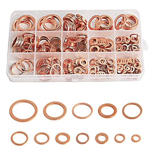 300 Stück M5-M20 Kupfer Flach Unterlegscheiben Sealing Ring, Kupferringe Sortiment Dichtringe Kupferring Kit, Unterlegscheiben Sortiment Set (12 Größen) von Vegena