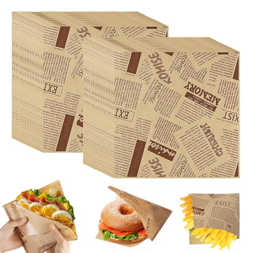 400 Stück Burger Papier, Burger Tüten, Burgerpapier Brotpapier Sandwich Tüten, Snacktüten Backpapier Zeitungsoptik, Wrap Papiertaschen für Sandwich Burger Pommes Frites Kuchen, 15x15 cm von Vegena