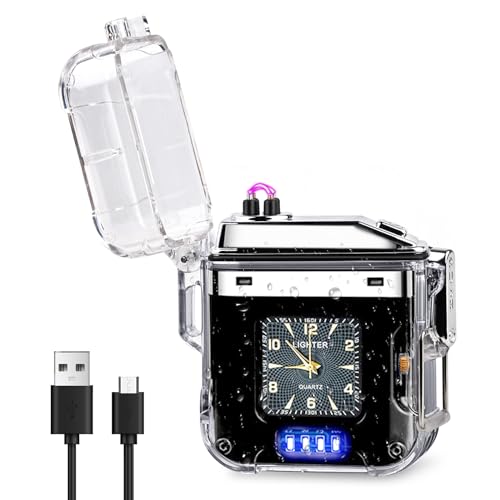 Feuerzeug Elektrisch, Sturmfeuerzeug, Elektrisches Feuerzeug, USB Feuerzeug, mit Uhr, LED Beleuchtung, IP56 Wasserschutz, Ideal für Männer, Damen, Camping Gadgets, Outdoor Ausrüstung (Schwarz) von Vegena