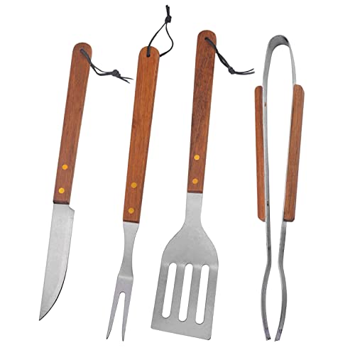 Grillbesteck Set, Grill Zubehör, Edelstahl Grillzubehör, 4-teilig Grillwerkzeug Set, Grillzange + Grillwender + Fleischgabel + Grillmesser mit Extra-Langen Holzgriffen für Camping Outdoor-Aktivitäten von Vegena