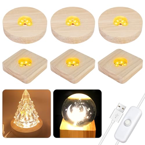 LED Sockel für Acrylglas, 6 Stück LED Lichtsockel USB, Holz Rechteck Beleuchtet Display Ständer, Runde Leuchten Display Base Holzsockel Leuchtsockel für Acrylplatte Kristalle Glasplatte Ornament von Vegena