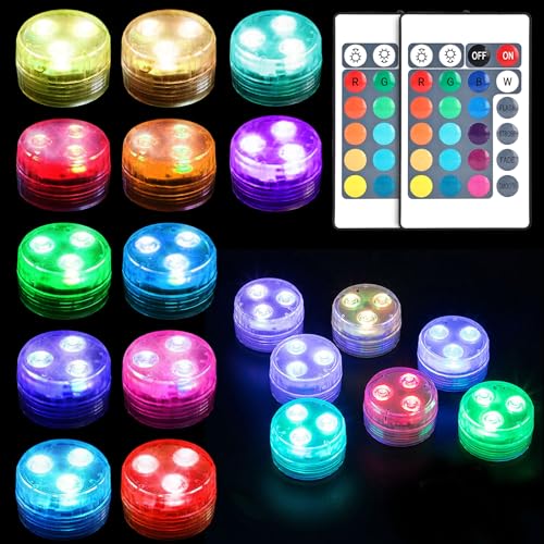 Led Teelichter,12 Stück Mini Unterwasser Licht,Wasserdichte Teelichter mit Fernbedienung,RGB Multi Mehrfarbige LED Teichbeleuchtung,Poolbeleuchtung Unterwasser Licht für Aquarium Pool Vase Weihnachten von Vegena