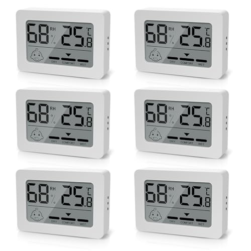 Mini Digital Thermometer Hygrometer Innen, 6 Stücke Mini Thermometer Hygrometer Innen mit Smiley Anzeige, Luftfeuchtigkeitsmesser Innen, Digital Hygrometer für Babyraum, Innenraum, Wohnzimmer (A) von Vegena