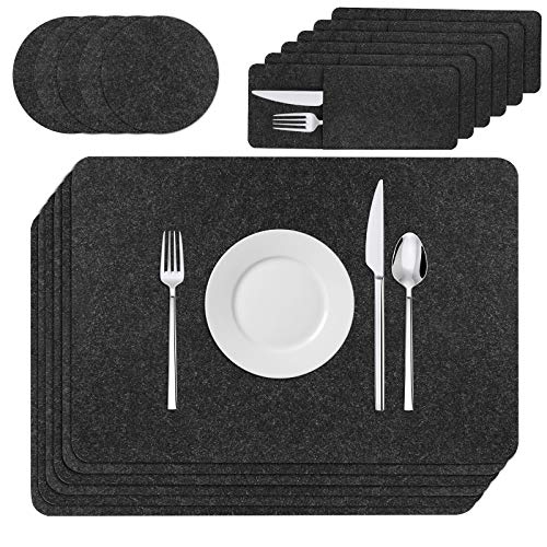 Platzset Filz, Vegena 18er Set Tischset Abwischbar 44x30cm, rutschfest Filzuntersetzer Hitzebeständig Platzdeckchen Abwaschbar Tischunterlage, Tischuntersetzer Tischsets Glas Untersetzer Teller (Dunkelgrauen 18er Set) von Vegena