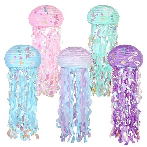 Quallen Papierlaterne - 5 Stück Meerjungfrau Geburtstag Deko Papierlampion, Meerjungfrau Party Dekorationen Quallen Lampions, Unter Dem Meer Geburtstag Dekorationen, Ozean Thema Partyzubehör von Vegena