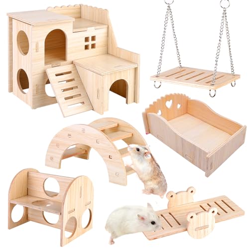 Holz Spielzeug Für Hamster, 6 Stück Kauspielzeug, DIY Haus Brücke Wippe Schaukel Käfig Dekor Zubehör Für Rennmaus, Meerschweinchen, Chinchilla, Kaninchen, Vögel Holz Spielzeug Für Hamster, 6 Stück Kauspielzeug, DIY Haus Brücke Wippe Schaukel Käfig Dekor Zubehör Für Rennmaus, Meerschweinchen, Chinchilla, Kaninchen, Vögel von Vegena