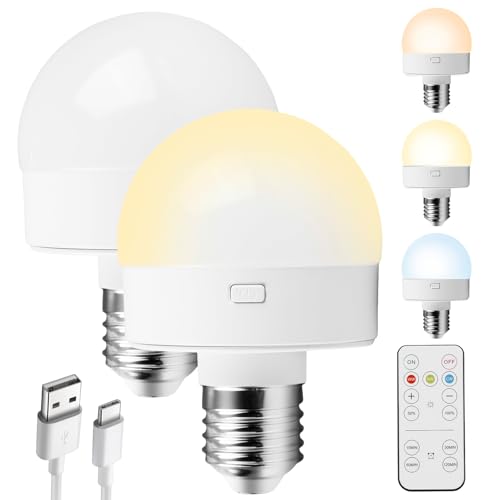 USB-C Wiederaufladbare Glühbirne, 2 Stück Glühbirne mit Batterie, E27 Akku Glühbirne mit Fernbedienung 15 Farben, LED Glühbirne mit Timing Funktion, Camping Notlicht für Notlicht Outdoor Camping von Vegena