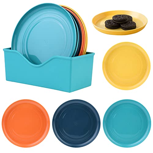 Vegena 12 Stück Plastikteller Set, 4 Farben Klein Kunststoffteller Mehrweg, Kuchenteller, Frühstücksteller, Dessertteller, Speiseteller mit Lagerregal (Runden) von Vegena