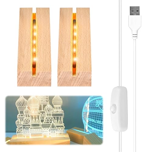 Vegena 2 Stück Led Sockel Holz, Led Display Basis, Led Lichtsockel USB, LED-Leuchten-Sockel Rechteckiger Beleuchteter Holzsockel für Acrylplatte, Kristallglasplatte (10cm Lang, Warmweiß) von Vegena