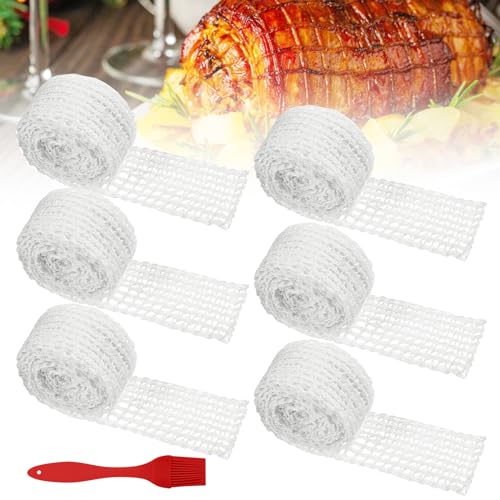 Vegena 6 Rollen Fleischnetz - Rollbratennetz, Schinken Netz 3M, Räuchernetz mit Ölbürste, Schinkennetz Elastisch Rollbraten, Fleisch Netz für Schinken Wurst Rollbraten Kochzubehör Backzubehör von Vegena