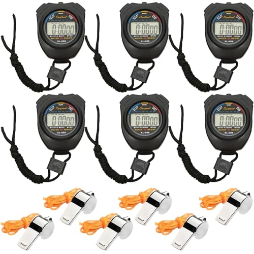Vegena Digital Sport Stoppuhr Timer,6 Stück Digitaler Sport Stoppuhr Timer Kommt,Handheld Chronograph Mit 6 Pfeifen,Wecker,Kalender,Digitale Stoppuhr Für Sport(Schwarz), YT-WJ-miaobiao-6s von Vegena