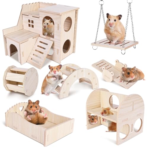 Vegena Hamster Spielzeug, Hamster Haus, 7 Stück DIY Hamster Kauspielzeug aus Holz, Meerschweinchen Spielzeug Glockenrolle Brücke Wippe Schaukel Hamster Zubehör für Rennmäuse Zwerghamster Chinchillas von Vegena