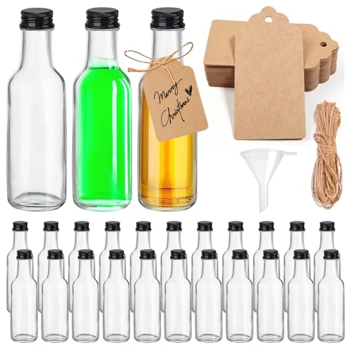 Vegena Mini Fläschchen Kunststoff Likörflaschen, 24 Stück 50ml Kleine Likörflaschen zum Befüllen, Wiederverwendbare Leere Kleine Schnapsflaschen mit Schraubdeckel, Juteschnur, Anhängern & Trichter von Vegena