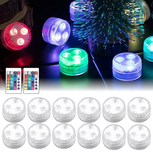 Vegena Mini Unterwasser Licht, 12 Stück Mini Unterwasser Led Teelichter mit Fernbedienung, RGB Mini LED Lichter Wasserdicht, Mini Tauchbare LED Lichter für Aquarium Vase Badewanne Pool Haus von Vegena