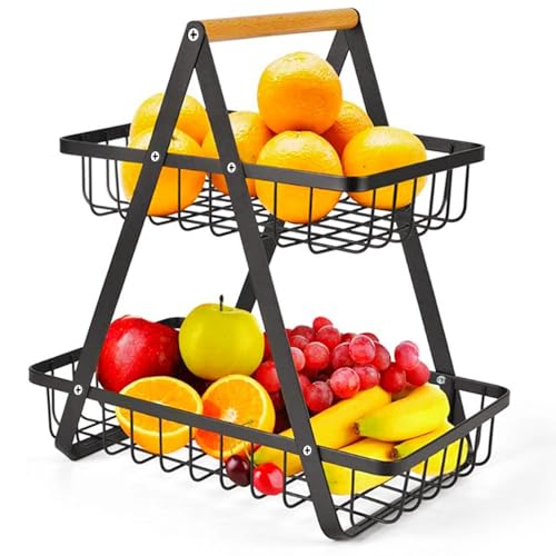 Vegena Obstschale 2 Stöckig, Obstkorb Etagere, Obst Etagere Obstschale Modern, Abnehmbar Gemüsekorb Obstregal aus Metall, Obstständer für Brot Gemüse Snacks Obstaufbewarung Küche von Vegena