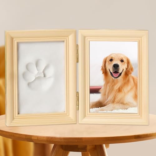 Vegena Pfotenabdruck Set Hund und Katze, 3D Gipsabdruck Set, Bilderrahmen und Pfotenabdruck-Set, Holz Bilderrahmen, Heimdekoration, Geschenke, Wanddekoration (Hölzern) (Protokoll) von Vegena