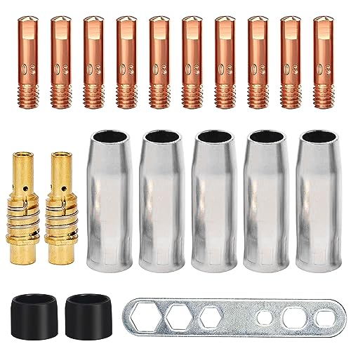 Verschleißteile Set, 20 Stück Schweißzubehör, MIG/MAG Schweißbrenner Set, Verschleißteile Set für MIG/MAG MB15AK, 5 x Gasdüse 2 x Düsenstock 10 x Stromdüse M6 0,8mm 2 x Isolator 1 x Werkzeug von Vegena