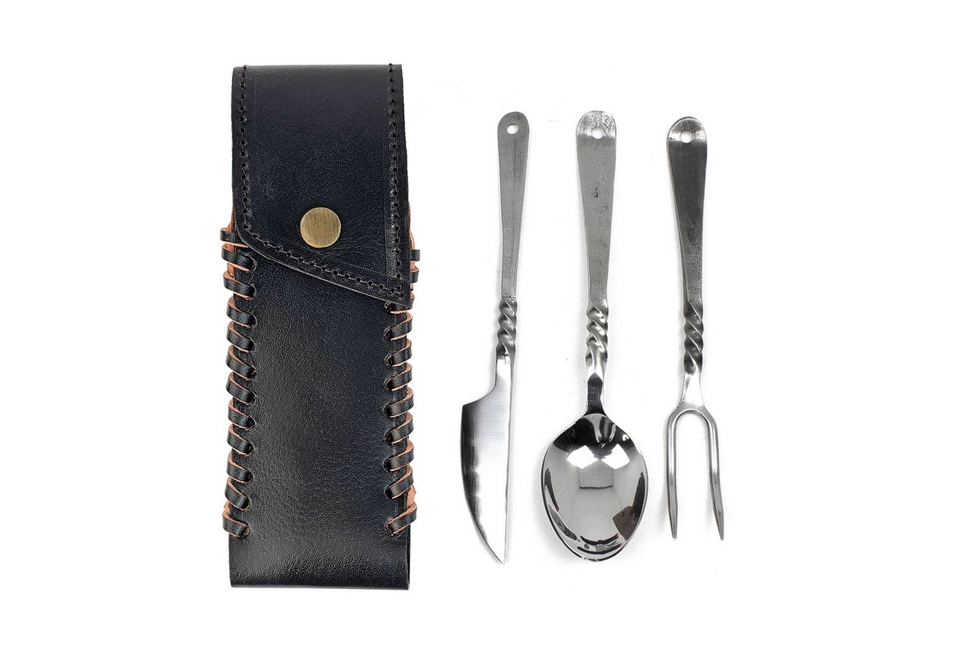Vehi Mercatus Besteck-Set Besteckset 4-teilig Edeltstahl Fuhrmannsbesteck, schwarze Ledertasche, 1 Personen, Leder, Edelstahl von Vehi Mercatus