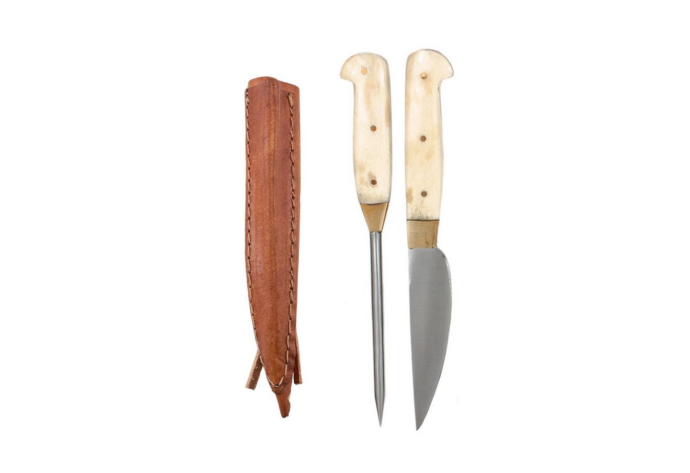 Vehi Mercatus Besteck-Set Mittelalter-Besteck Set Typ 6 mit Doppellederscheide naturweißer Griff, 1 Personen, Leder, Kohlenstoffstahl, Edelstahl, Knochen von Vehi Mercatus