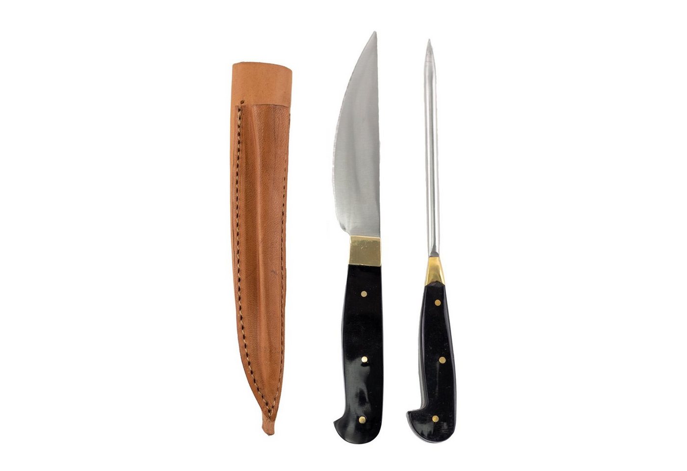 Vehi Mercatus Besteck-Set Mittelalter-Besteck Set Typ 6 mit Doppellederscheide schwarzer Griff, 1 Personen, Leder, Kohlenstoffstahl, Edelstahl, Horn von Vehi Mercatus