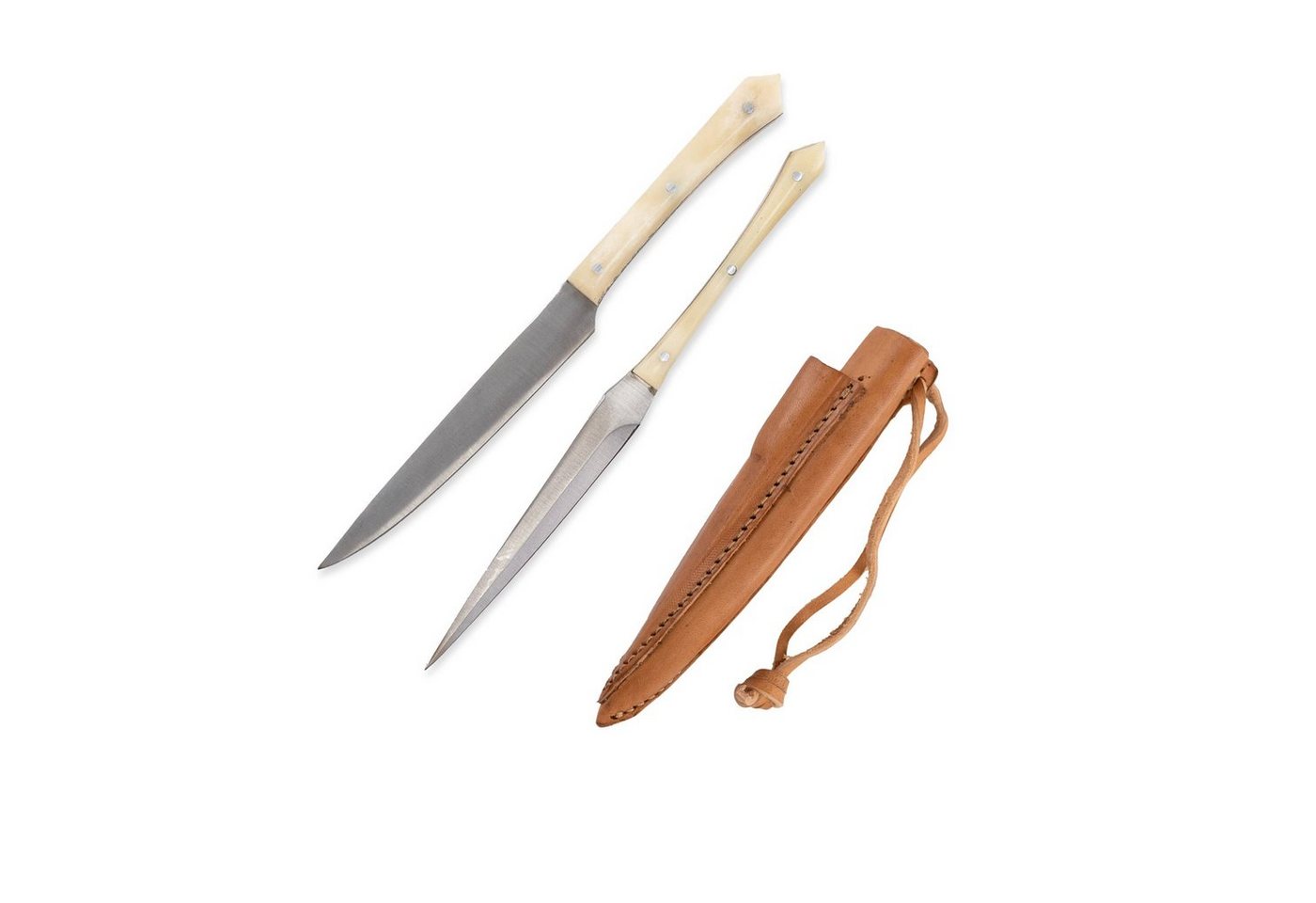 Vehi Mercatus Besteck-Set Mittelalter-Besteck Set Typ 7 mit Doppellederscheide naturweißer Griff, 1 Personen, Leder, Edelstahl, Knochen von Vehi Mercatus