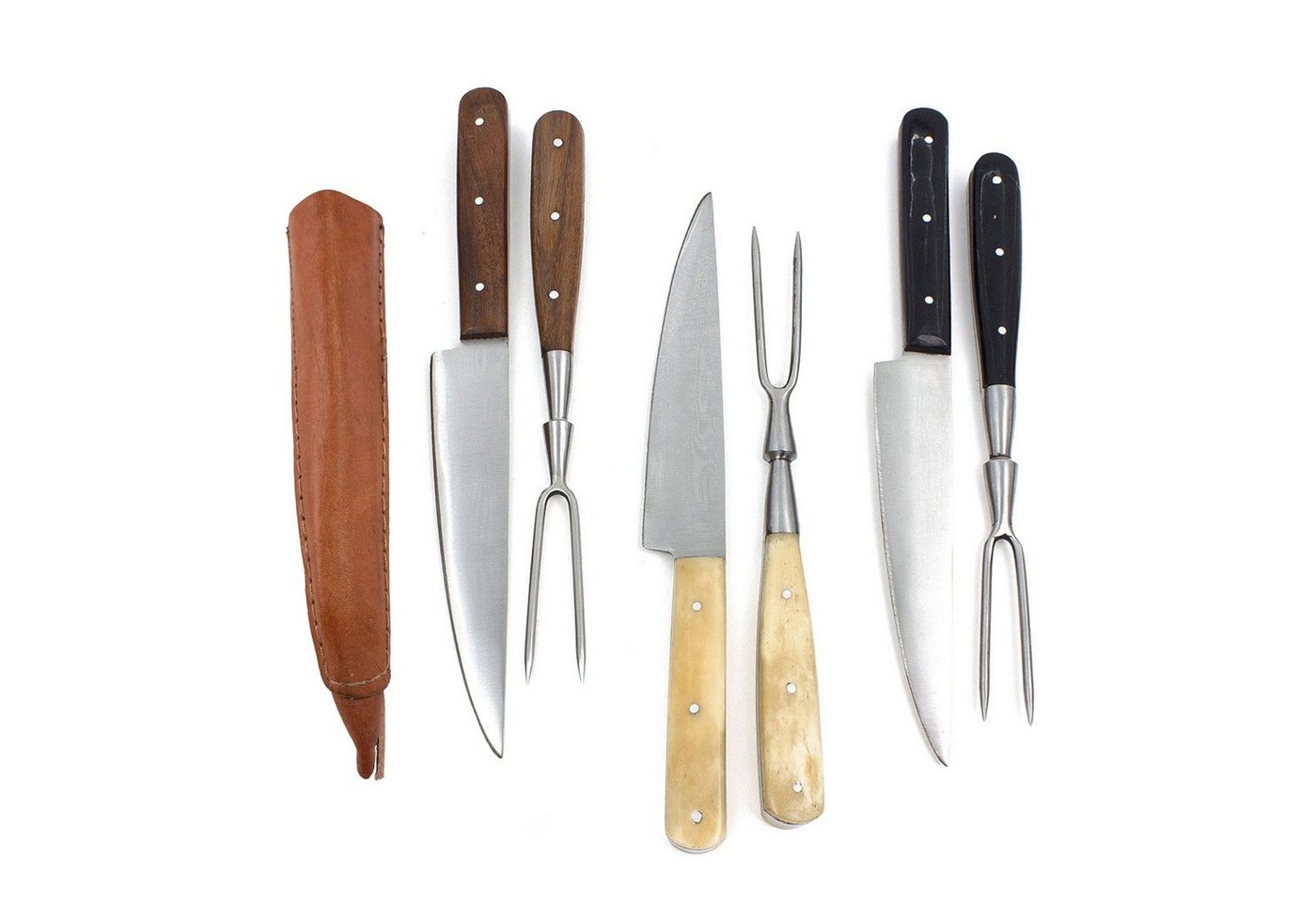 Vehi Mercatus Besteck-Set Mittelalter-Besteck Set mit Gabel in Doppellederscheide, 1 Personen, Leder, Kohlenstoffstahl, Edelstahl, Horn von Vehi Mercatus