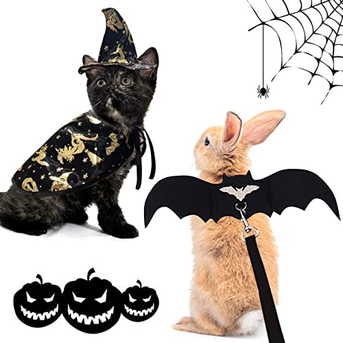 Vehomy 2 Sets Kaninchen Halloween Kostüme für Kaninchen Hase Kleines Haustier Halloween Geschirr Leine Fledermaus Flügel Outfit Kaninchen Hexe Hüte Umhänge Kleine Haustier Hexenkostüm für Hase von Vehomy