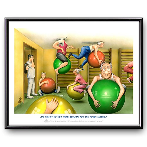 Veit`S Bilder Wandbild Cartoon Beruf Physiotherapie Pezzi-Bälle - Die Kannste echt Keine Sekunde aus den Augen Lassen! (Klein 24x30mit Rahmen) von Veit's